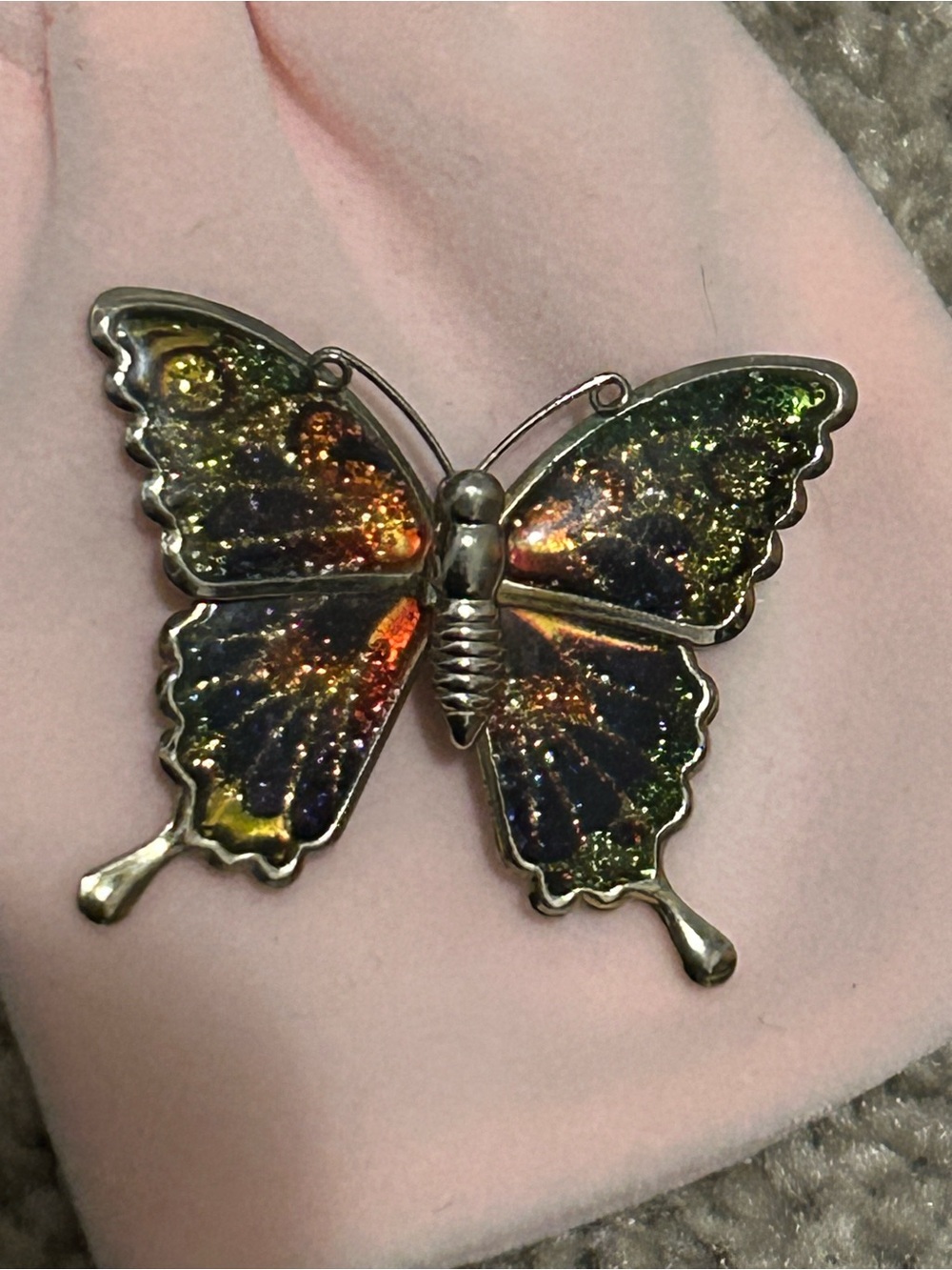 Silver Butterfly Brooch with Iridescent Multi-Color Wings